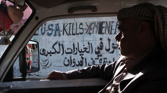 Anti-American graffiti on the street in  Yemen's capital Sanaa.