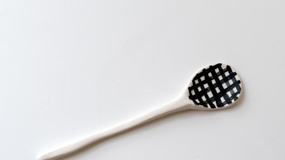 Spin Spin hand-painted spoon in Monochrome Grid Pattern from Etsy, $26, <a href="https://www.etsy.com/au/listing/471031722/big-ceramic-porcelain-spoon-hand-painted" target="_blank">etsy.com</a>.