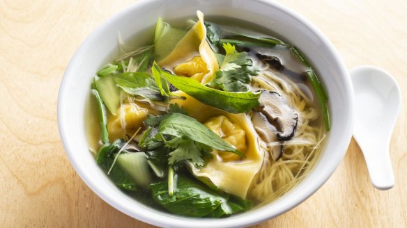 Prawn wonton and long noodle soup with Palisa Anderson’s Asian herbs.