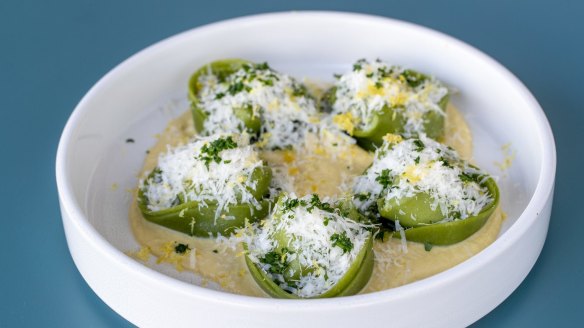 Jerusalem artichoke and ricotta cappellacci with braised leek and  parmesan. 