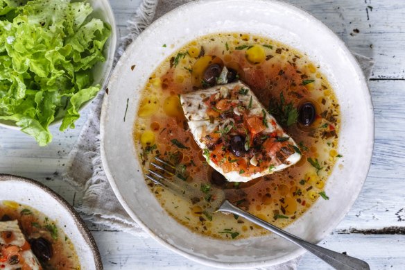 Stewed blue-eye trevalla with tomato and black olives.