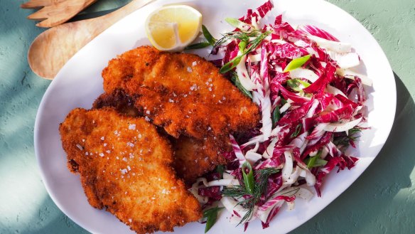 Chicken schnitzels with radicchio and fennel slaw.
