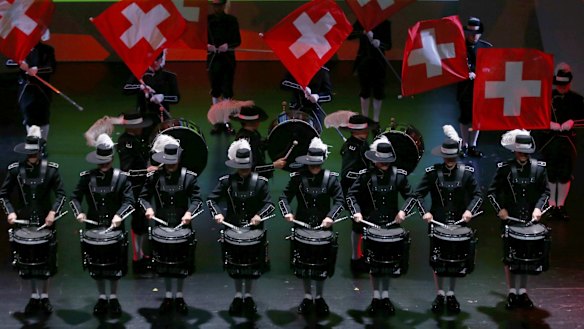 The Top Secret Drum Corps of Switzerland perform during the opening ceremony of the 65th FIFA Congress in Zurich.