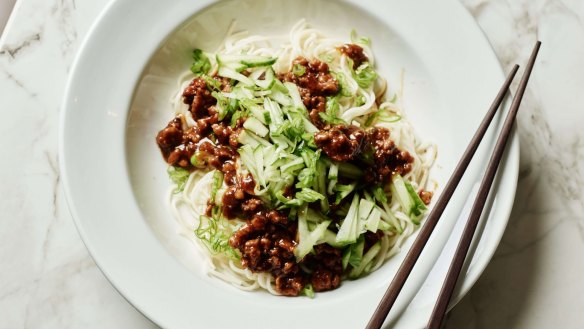 Beijing-style noodles with minced pork and brown bean sauce.