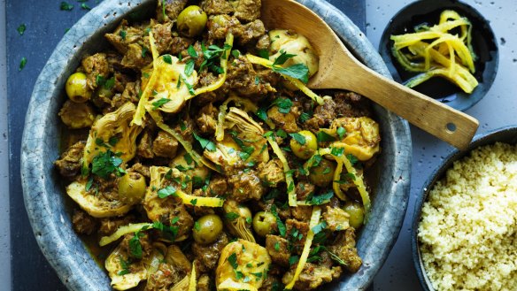 Lamb tagine with preserved artichokes, lemon and green olives
