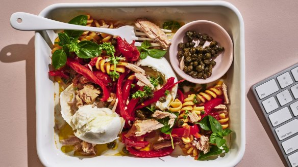 Pasta salad with peperonata, tuna and buffalo mozzarella.