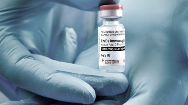 A vial of anti-D. Today, every Rh- woman in Australia receives the treatment at 28 and 34 weeks of pregnancy, and again post-natally.