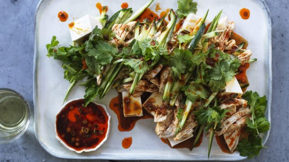 Poached chicken, cucumber and silken tofu salad.