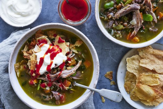 Spring lamb and lentil soup served with toasted mountain bread, yoghurt and sriracha.