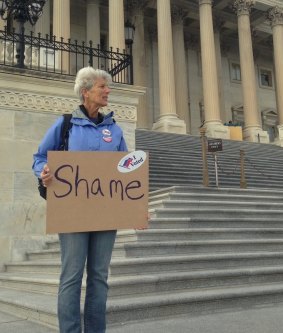 A loan protester during a peaceful protest outside the Capitol in 2017.