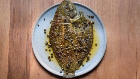 Flounder with brown butter, lemon and capers.