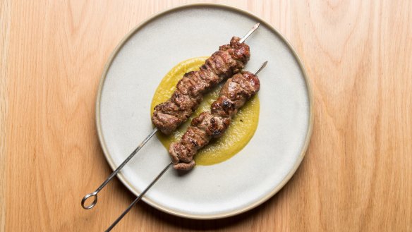 Flinders Island lamb skewers with green chilli. 