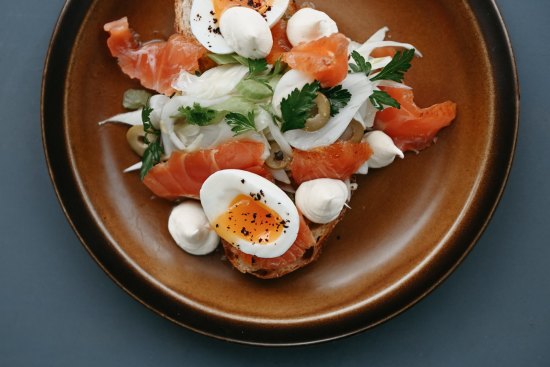 Soft-boiled egg, fennel and olive salad, creme fraiche and cured trout from Fenton Food & Wine's breakfast menu.