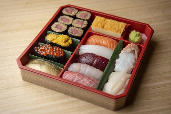 Takeaway luxury: A mixed sushi box from Kuon Omakase in Darling Square.