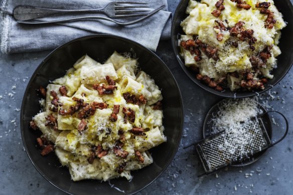 Cauliflower cheese meets carbonara in this creamy pasta.