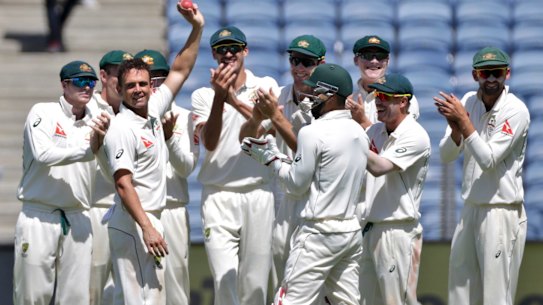 Star turn: Steve O'Keefe celebrates his fifth wicket after dismissing Ravindra Jadeja.