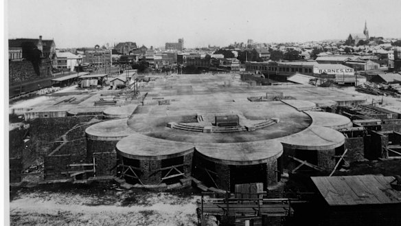 The foundation of the Holy Name Cathedral in Brisbane was constructed. Some of it remains to this day. City Hall and St John's Cathedral can be seen in the background.