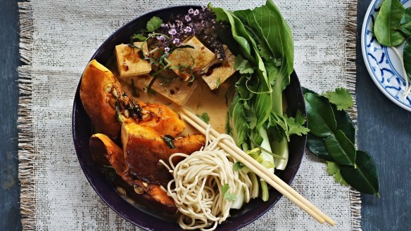 Roast pumpkin, fried tofu and coconut laksa.