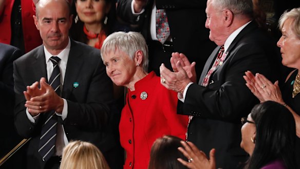 Maureen McCarthy Scalia, widow of Supreme Court Justice Antonin Scalia, is recognised by President Donald Trump during his address to a joint session of Congress .