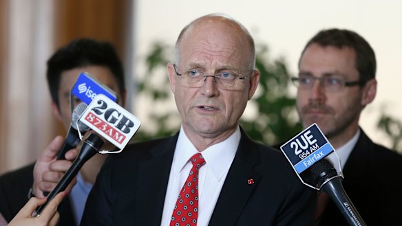 Chris Teoh and Ivan Hinton from Australian Marriage Equality, with LDP senator David Leyonhjelm on Thursday. 
