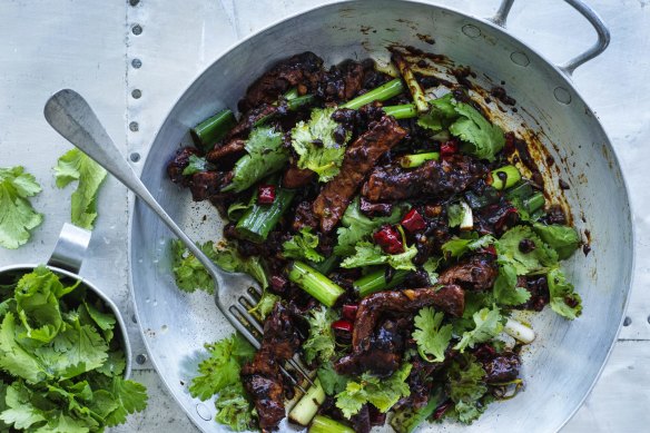 Stir-fried lamb with coriander and Sichuan pepper.