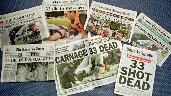 The front pages of Australian newspapers Monday April 29, 1996, headlining the worst massacre in Australia's history. 