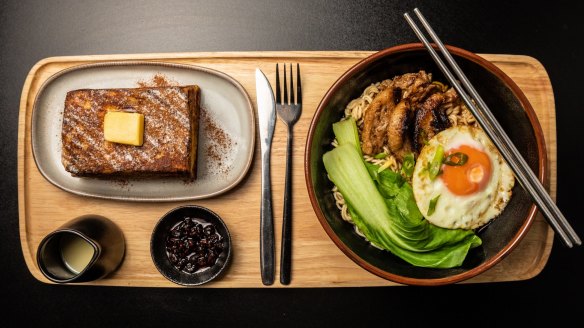 The Hong Kong brunch set with French toast (left) and noodles.