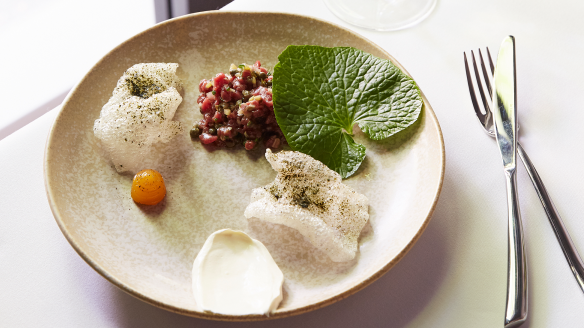 Matcha ice-cream, black sesame, meringue and strawberries at Kazuki's in Carlton.