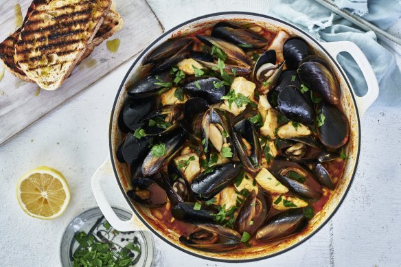 Serve the poached fish and shellfish with grilled bread.
