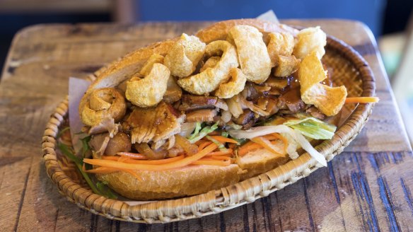 Braised pork banh mi loaded with curls of crackling at Bullseye Banh Mi, St Kilda.