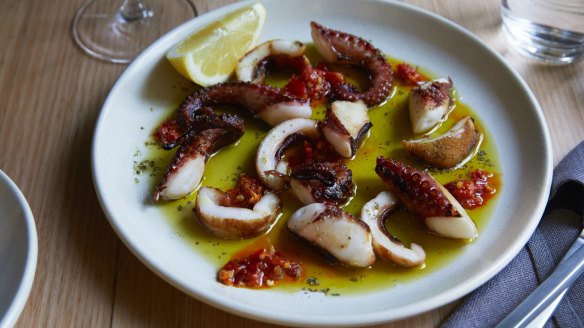 Barbecued South Coast octopus with chilli, oregano and lemon.
