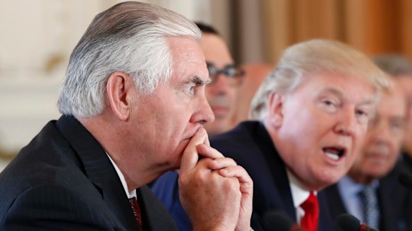 One the same page? US Secretary of State Rex Tillerson, left, in a meeting with President Donald Trump.