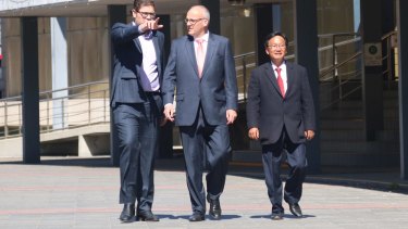 Ryde Labor councillor Jerome Laxale with NSW opposition leader Luke Foley and candidate Peter Kim on Sunday.