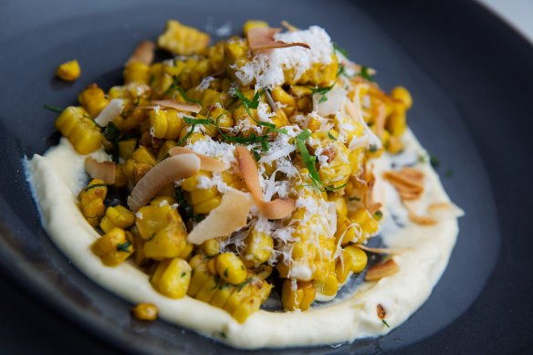Drinking snacks beyond the slider:  corn, jalapeno aioli and toasted coconut. 