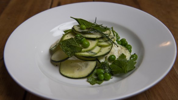 Warm salad of zucchini, peas and mint served alongside the lamb.