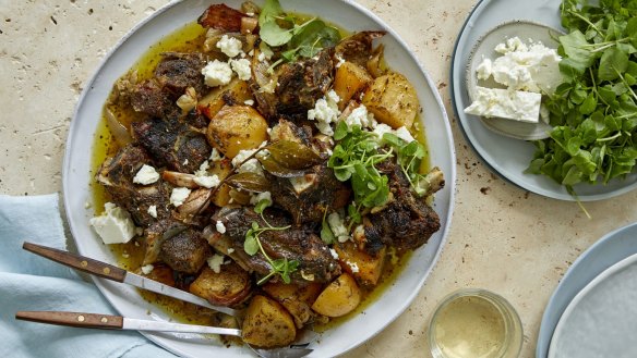 Serve this rustic lamb roast with feta, salad and bread.