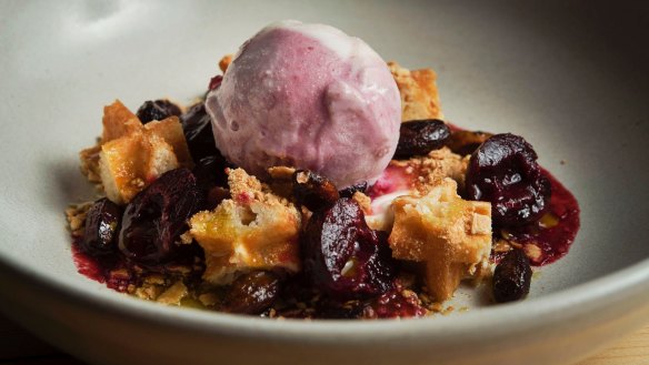 Busted buttermilk waffle, cherry ice-cream, poached cherries and pistachio.
