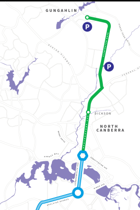 The planned light rail route to Woden, stage two of the network.