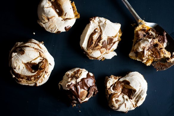 Vegan-friendly chocolate ripple meringues made with aquafaba.