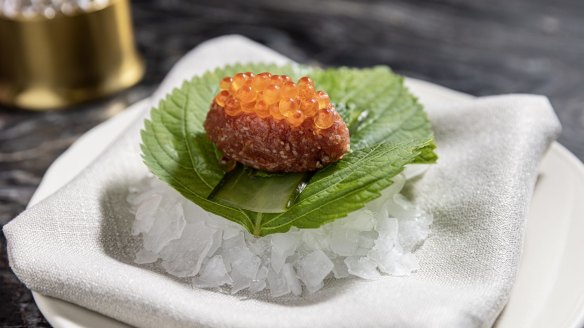 Tuna kibbeh with salmon roe and sesame leaf.