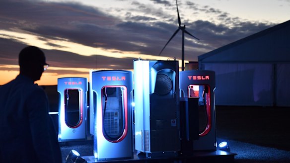 A Tesla car charging station at the wind and solar battery plant outside Jamestown in South Australia. 