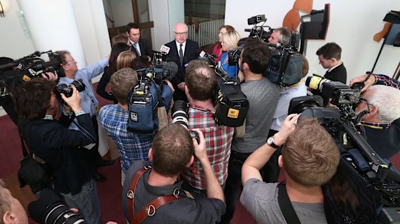Attorney-General Senator George Brandis addresses the media at Parliament House on Thursday. 