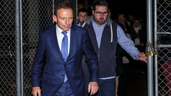Tony Abbott outside the branch meeting of federal MP Michael Sukkar, in Croydon, Melbourne on Monday. 