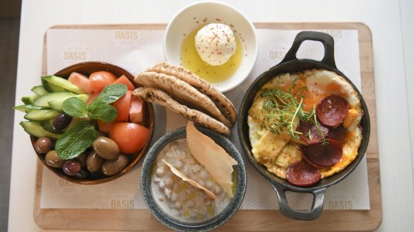 The big Lebanese breakfast with scrambled eggs, sausage, halloumi and more.