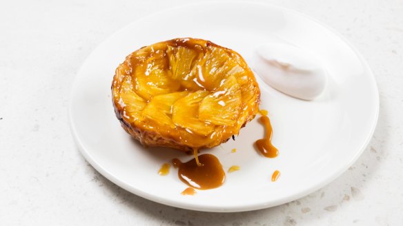 Pineapple tarte tatin with spiced caramel and coconut sorbet.