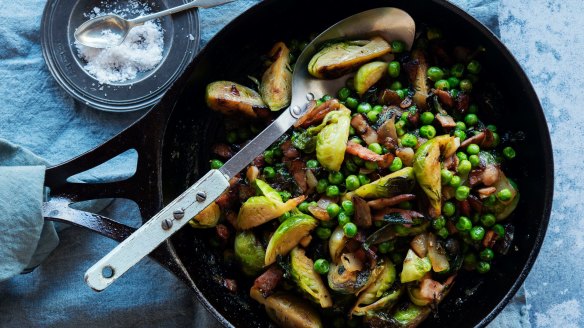 Brussels sprouts with bacon, peas and mint makes a meal almost all of itself. 