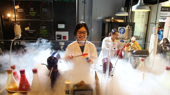 We still get a kick from watching teams in lab coats and goggles whip up ice-cream to order at N2 Extreme Gelato.