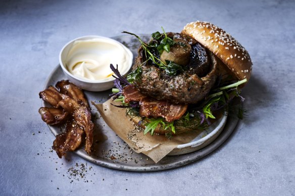 Whole mushroom, lamb and bacon burgers. 