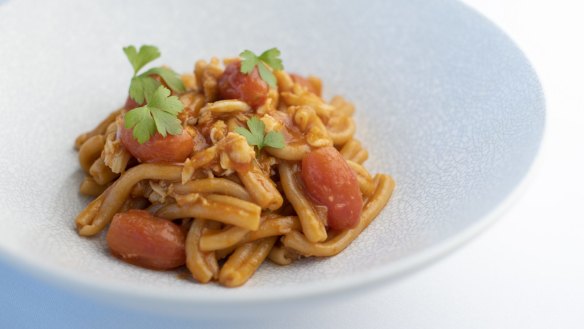 Go-to dish: Casarecce pasta with spanner crab, roast cherry tomato and prawn oil.
