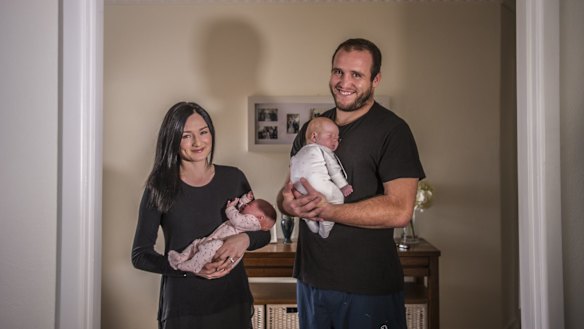 Brumbies prop Ben Alexander with wife Jen and daughters Emma and Ivy.